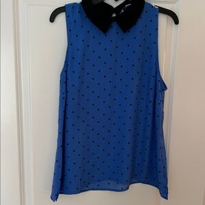 Blue Polka Dot Sleeveless Blouse with Black Collar